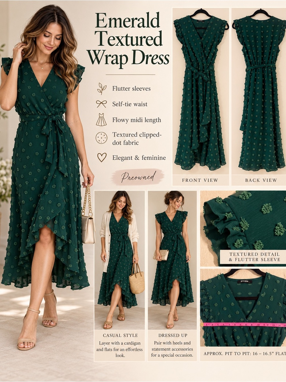 BTFBM Emerald Green Textured Wrap Midi Dress Flutter Sleeve -Medium